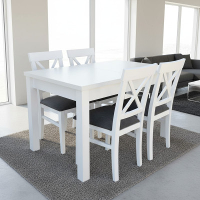 Design wood dining room set: table with 4 upholstered chairs set, 5-piece set.