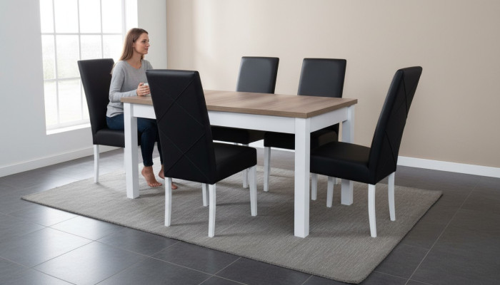 Complete dining table set: 6 chairs, dining room set, dining group, wood, leather, table, tables, 7 pieces