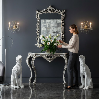 Baroque console table sideboard wall table hallway table classic wood silver new