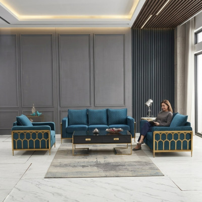 Blue stainless steel sofa set 3+2 seater upholstered couches modern living room sofas