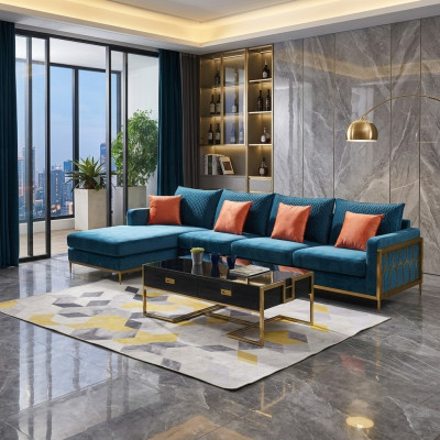 Corner sofa L-shape coffee table sofa couch design upholstery luxury blue table