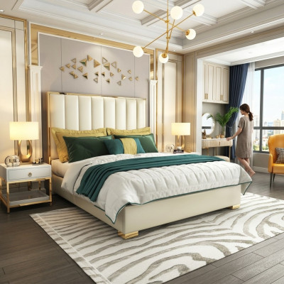 Classic bedroom bed in white textile, leather upholstered double bed.