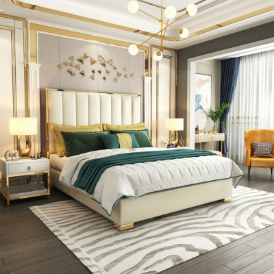 Classic bedroom bed in white textile, leather upholstered double bed.