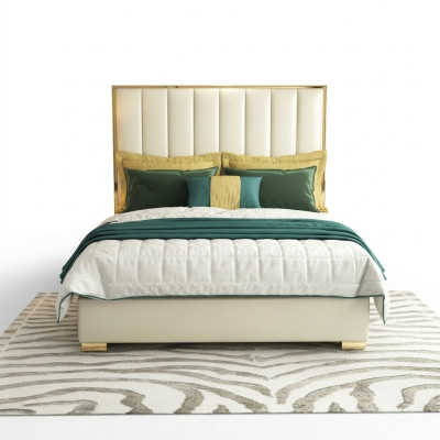 Classic bedroom bed in white textile, leather upholstered double bed.