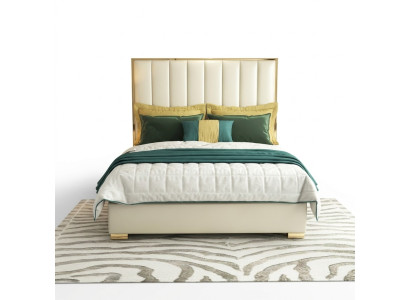 Classic bedroom bed in white textile, leather upholstered double bed.
