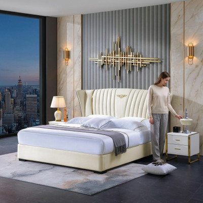 Bed Bedroom Nightstand Complete Set 3-Piece Suite Wood Leather Beds