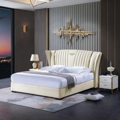 Bed Bedroom Nightstand Complete Set 3-Piece Suite Wood Leather Beds