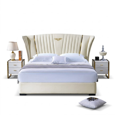 Bed Bedroom Nightstand Complete Set 3-Piece Suite Wood Leather Beds