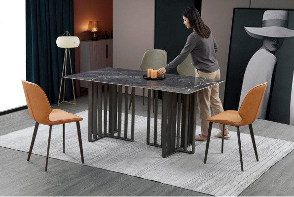 Luxury Dining Table Stainless Steel Marble Imitation Stone Table Dining Room 180x90cm