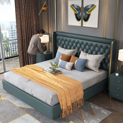 Bedroom bed bedside tables 3-piece set design decor luxury beds leather