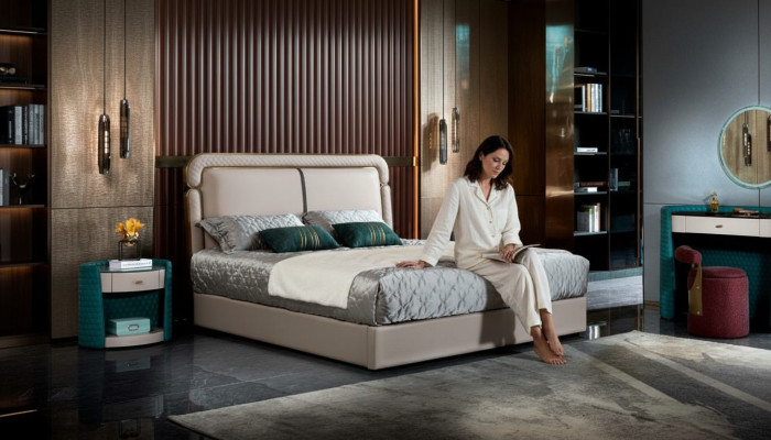 Bed Bedroom Beige Double Bed Leather Bed Modern Design Furniture Wood