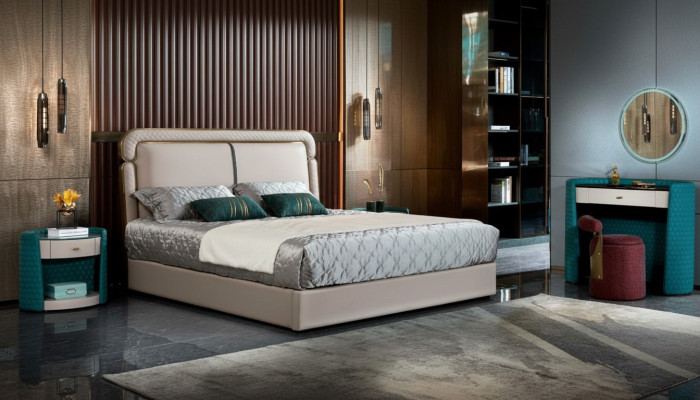 Bed Bedroom Beige Double Bed Leather Bed Modern Design Furniture Wood