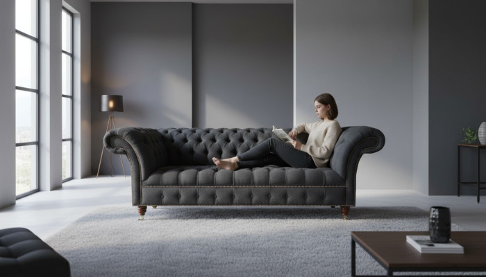 Chesterfield 3-seater Dark Gray Textile Modern Design Sofa Furniture Designer