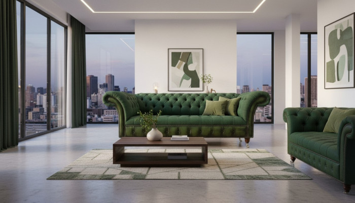 Chesterfield 3-Seater Dark Green Living Room Design Couches Upholstered Sofa Textile