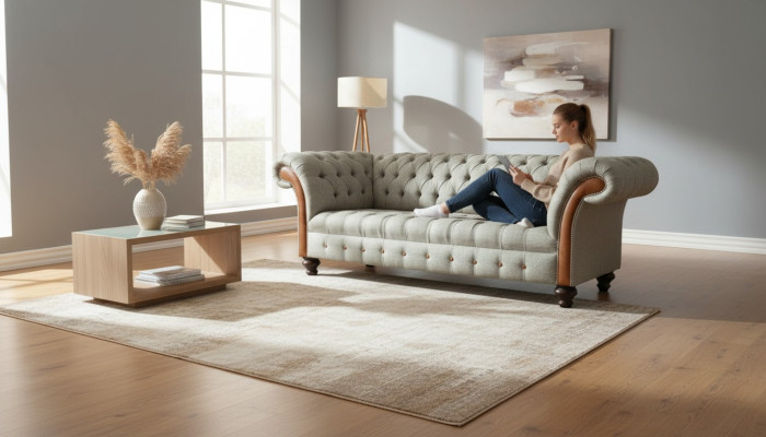 Chesterfield 3-seater beige living room design couches upholstered sofa sofas fabric