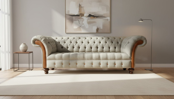 Chesterfield 3-seater beige living room design couches upholstered sofa sofas fabric