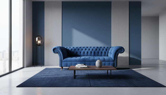 Chesterfield 3-Seater Blue Design Couches Upholstery Sofas Velvet Fabric Textile Luxury