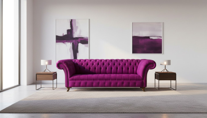 Chesterfield 3-Seater Purple Fabric Design Couches Upholstered Sofas New Creative Sofa