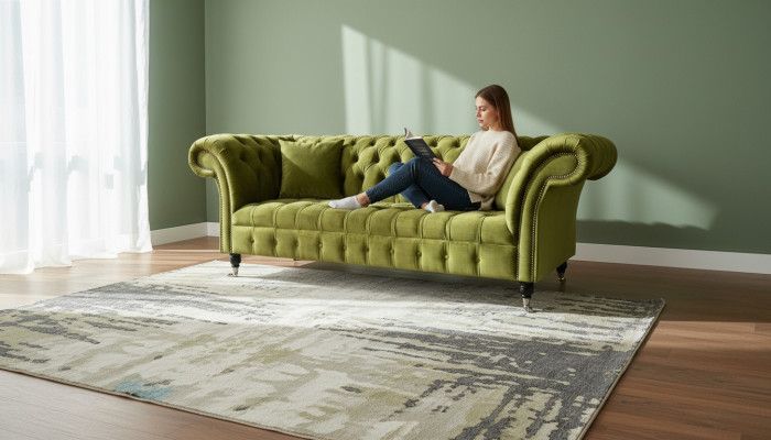 Chesterfield Green Three-Seater Living Room Design Couches Upholstered Sofa Textile New