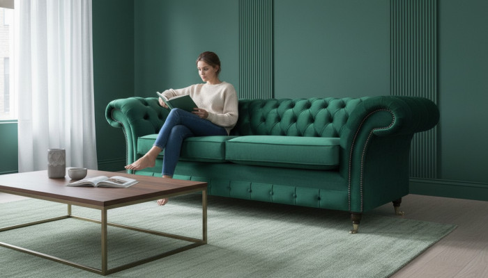 Chesterfield 3 Seater Green Living Room Modern Design Couches Sofa Original Fabric