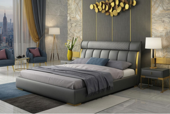 Modern gray leather bedroom with golden stainless steel inlays