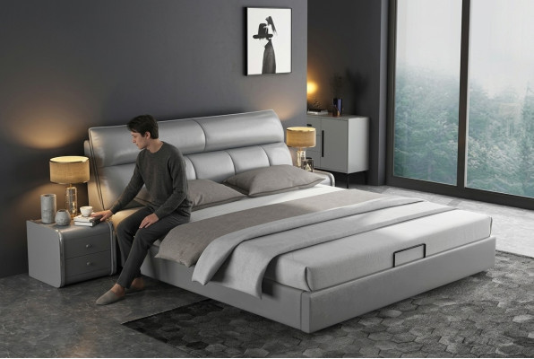 Gray designer bed bedroom beds textile leather hotel upholstered
