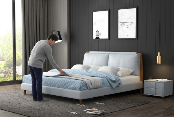 Modern double bed 180x200 in white leather design on wooden legs