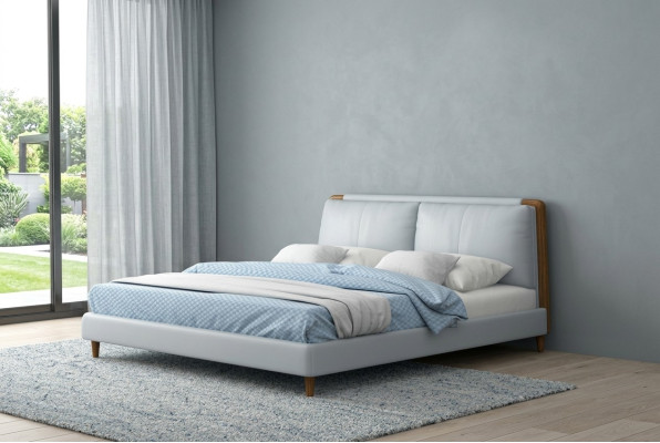 Modern double bed 180x200 in white leather design on wooden legs