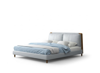 Modern double bed 180x200 in white leather design on wooden legs