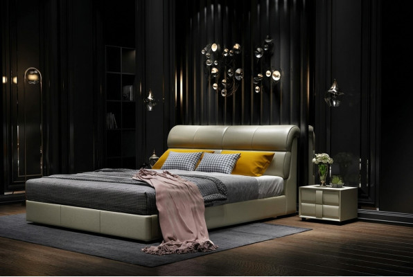 Luxury bed bedroom leather upholstery double beds wood design 180x200cm new