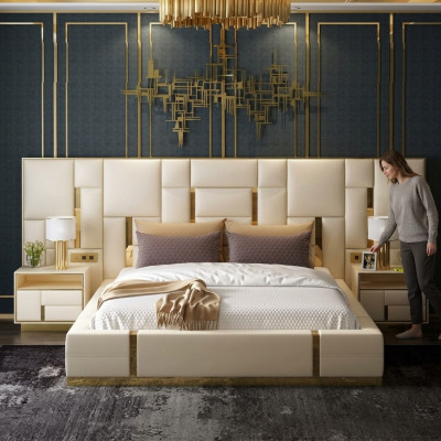 Bed Pillow Design Luxury Wood Double Hotel Beds Marital Sleep Room