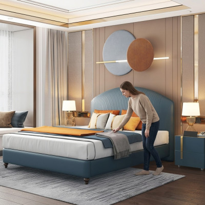 Bed Pillow Design Luxury Metal Double Beds Marriage Bedroom Blue