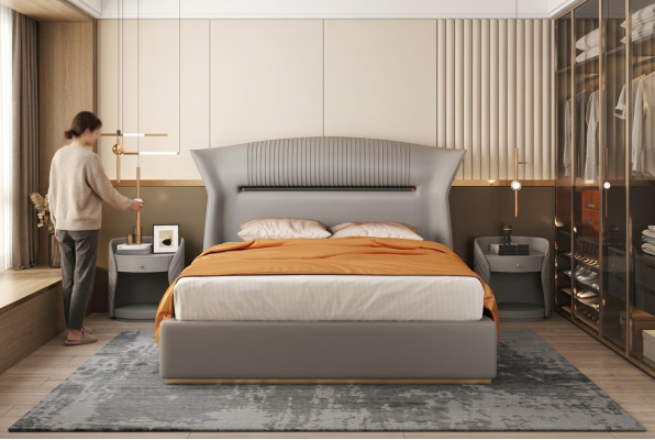 Gray leather bed design bedroom furniture double bed luxury hotel
