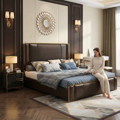 Luxury designer bed for the bedroom, upholstered in velvet, furniture beds fabric