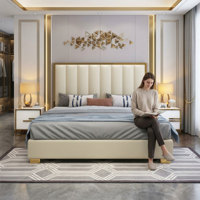 Bed Beds Wood Leather Upholstery Marriage Design Leather Hotel Box Spring Furniture