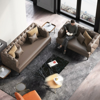 Brown Chesterfield Sofa Set 3+2 Seater 2-Piece Set Designer Decor Upholstered Couches