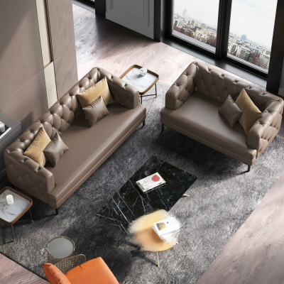 Brown Chesterfield Sofa Set 3+2 Seater 2-Piece Set Designer Decor Upholstered Couches