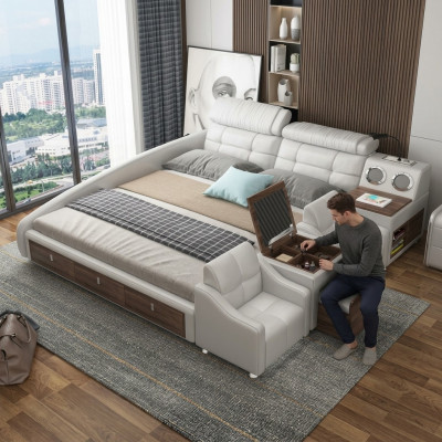 Multifunction Bed Luxury Design Leather Beds Hotel Double Storage Shelf