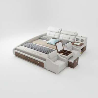Multifunction Bed Luxury Design Leather Beds Hotel Double Storage Shelf