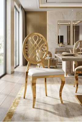 Design chair, armchair, upholstered chairs, luxury fabric, stainless steel, armchair, dining room.
