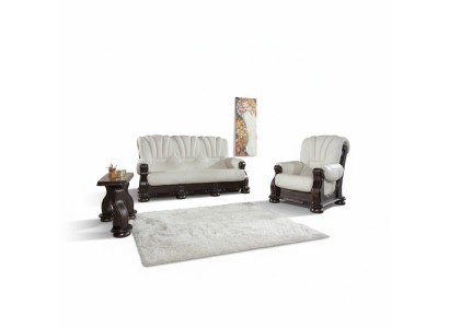 Three-seater sofa leather couch wood upholstery classic carved couches sofas