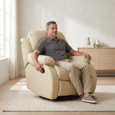 Armchair Genuine Swivel Beige Seat TV Lounge Club Single Chair Furniture Upholstery New