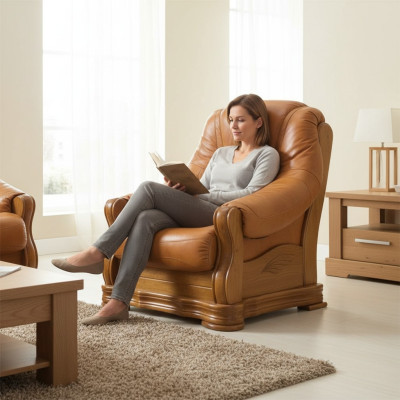 Armchair Television Wood Armchair Genuine Leather Padded Seat Lounge Club Furniture New