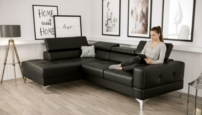 L-Form Furniture Design Black Leather Wood New Modern Luxury Italian Corner Sofa Couches