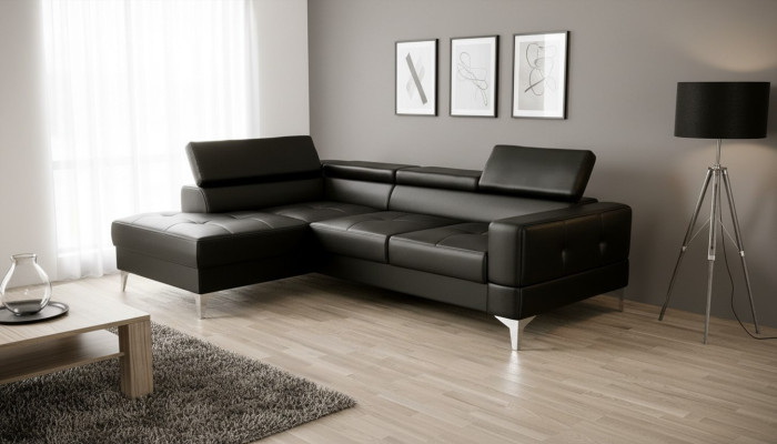 L-Form Furniture Design Black Leather Wood New Modern Luxury Italian Corner Sofa Couches
