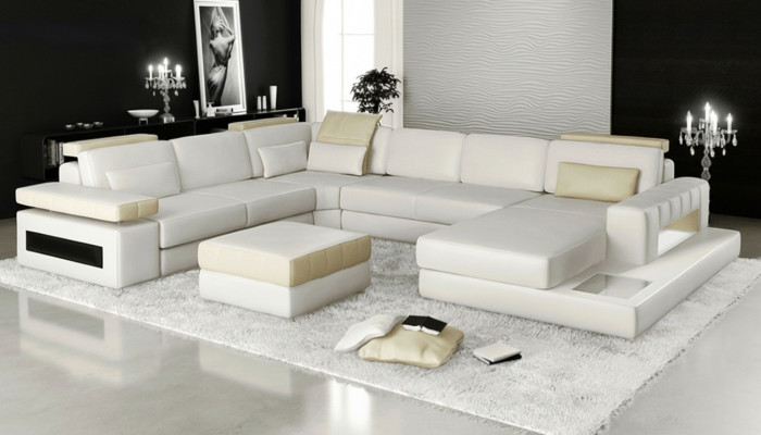 Large U-Shaped Sectional Sofa Couch Upholstered Leather Textile Fabric Living Landscape