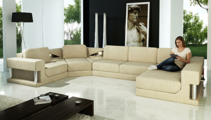 Corner sofa with bed function, modern design sofa, textile fabric, U-shaped couch living landscape.
