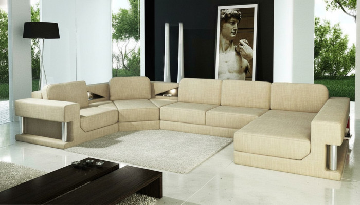 Corner sofa with bed function, modern design sofa, textile fabric, U-shaped couch living landscape.
