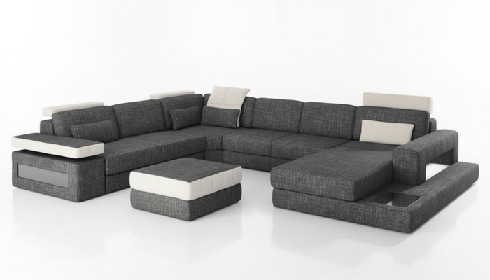 Sectional sofa design, upholstery, textile, new living landscape, U-shape, bed function, fabric.