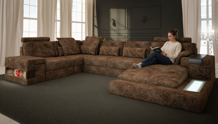 U-shaped sectional sofa couch design, fabric living area, bed function, upholstery.